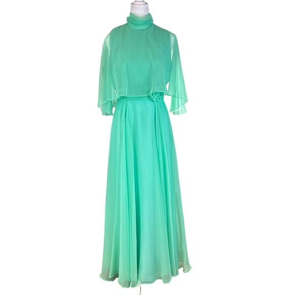 VTG 70s Bridesmaid Prom Party Dress Chiffon Green Miss Elliette California 6/8 - Picture 1 of 11